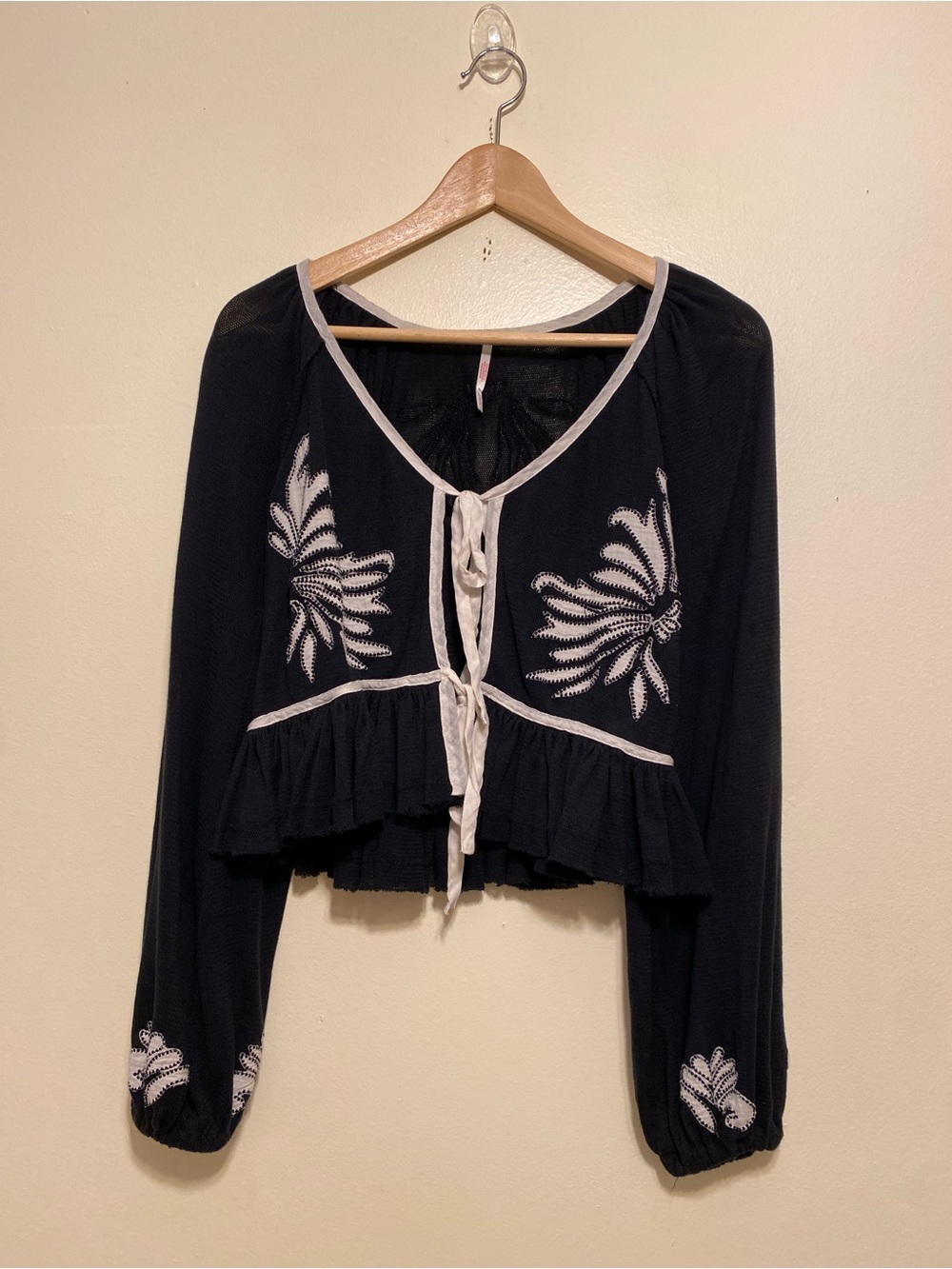 Free People Black Long Sleeve Tie-Front Embroidered Top . Size M